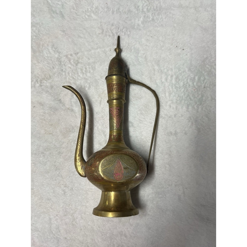 VTG Large Heavy 22" Decorative Solid Brass Indian Aftaba Jug engraved peacock Re